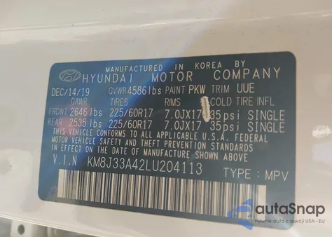 2020 Hyundai Tucson Value z USA, uszkodzony, nr VIN KM8J33A42LU204113